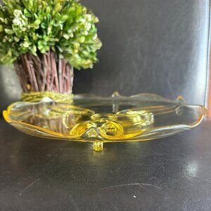 Jubilee Canary-Yellow 3-toed Elegant Glass Petal Motif Platter Lancaster Glass